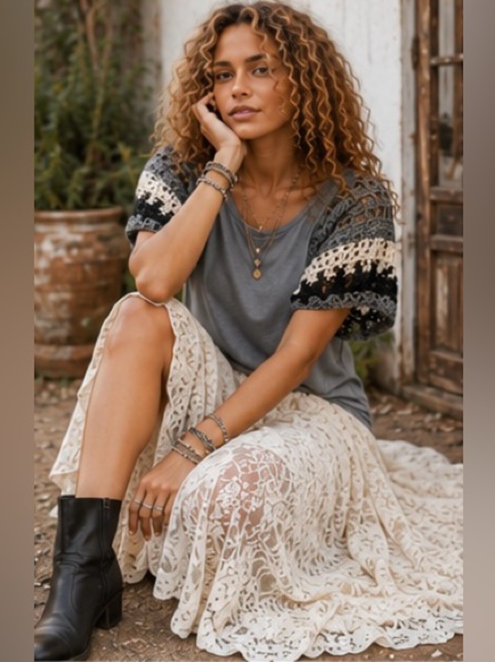 Luna Papillon Hand Crochet Sleeves | Up-Cycled Cottage Core Born Gray Tee | SZ L